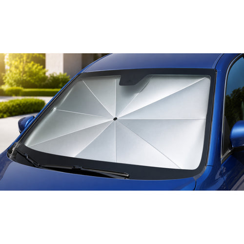 Luvenzo AutoShade sun shade umbrella open inside the windshield of a blue car, reflective silver canopy blocking sunlight