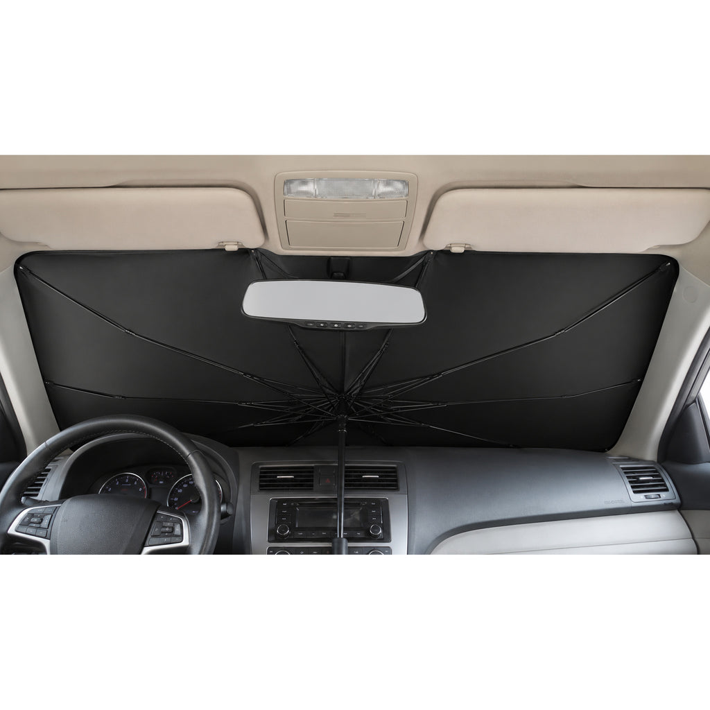 Luvenzo AutoShade seen from the driver seat, black underside covering the full windshield and dashboard