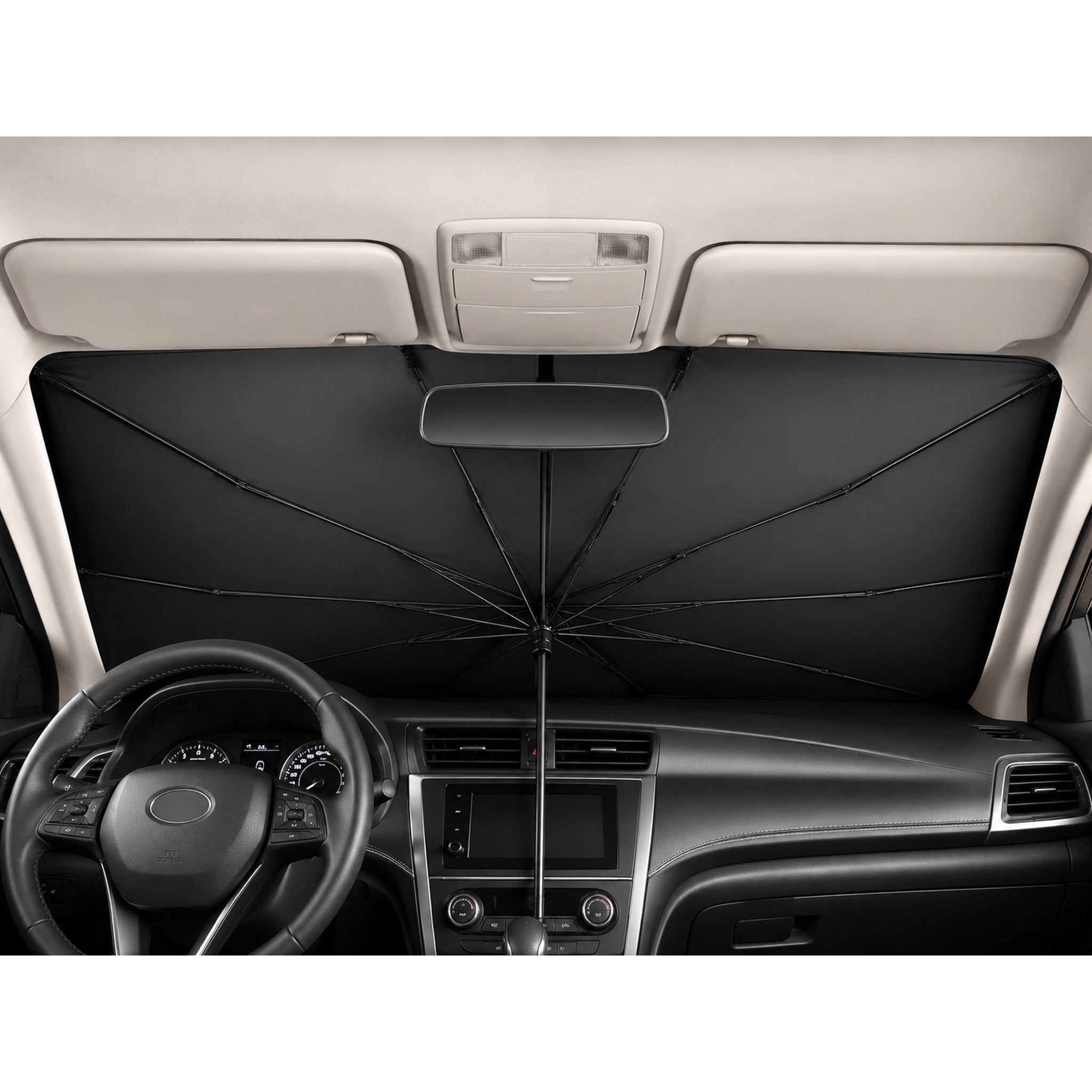 Luvenzo AutoShade opened inside a car showing full dashboard and steering wheel shade coverage
