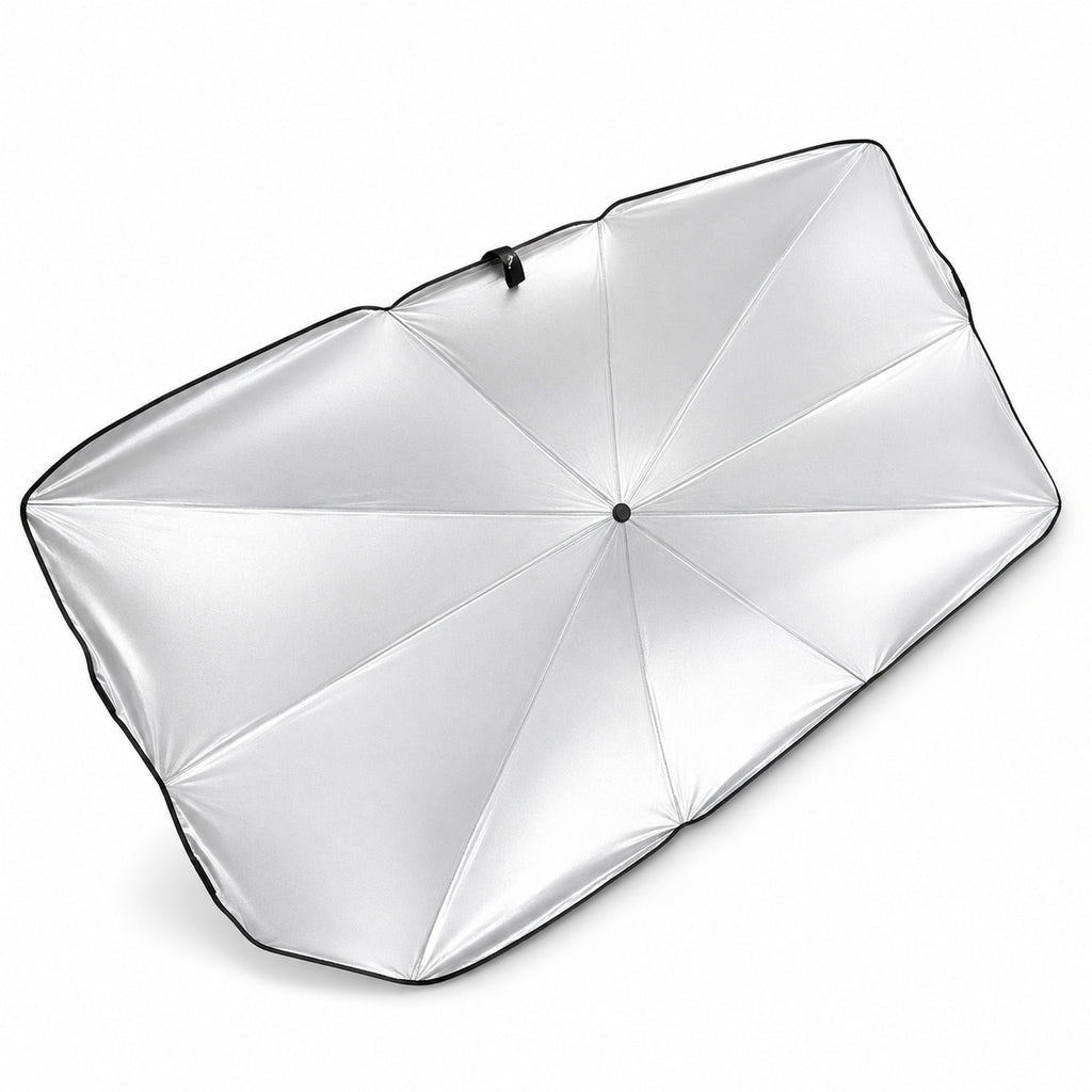 Luvenzo AutoShade fully opened, top view of the silver UV-reflective canopy