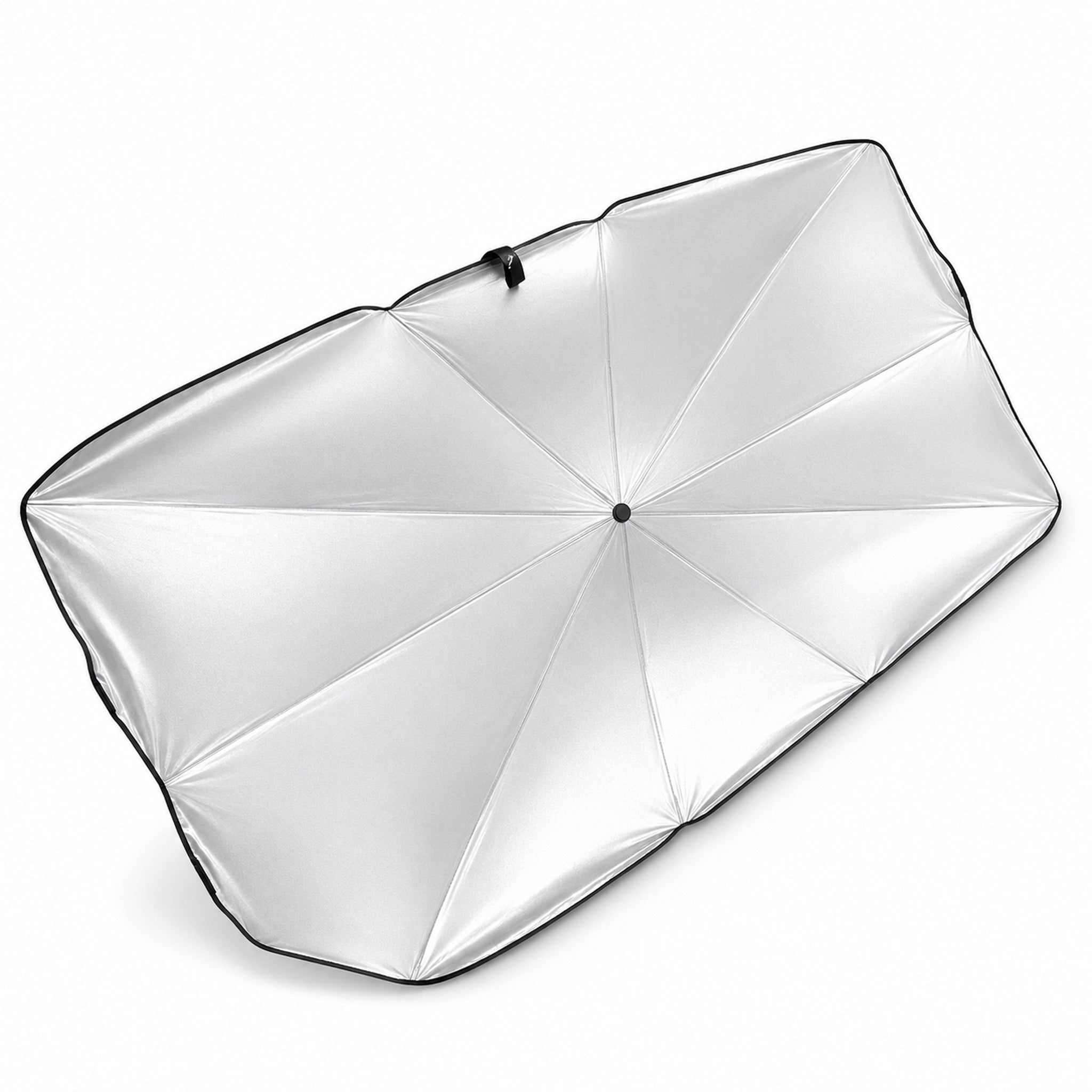 Luvenzo AutoShade fully opened, top view of the silver UV-reflective canopy