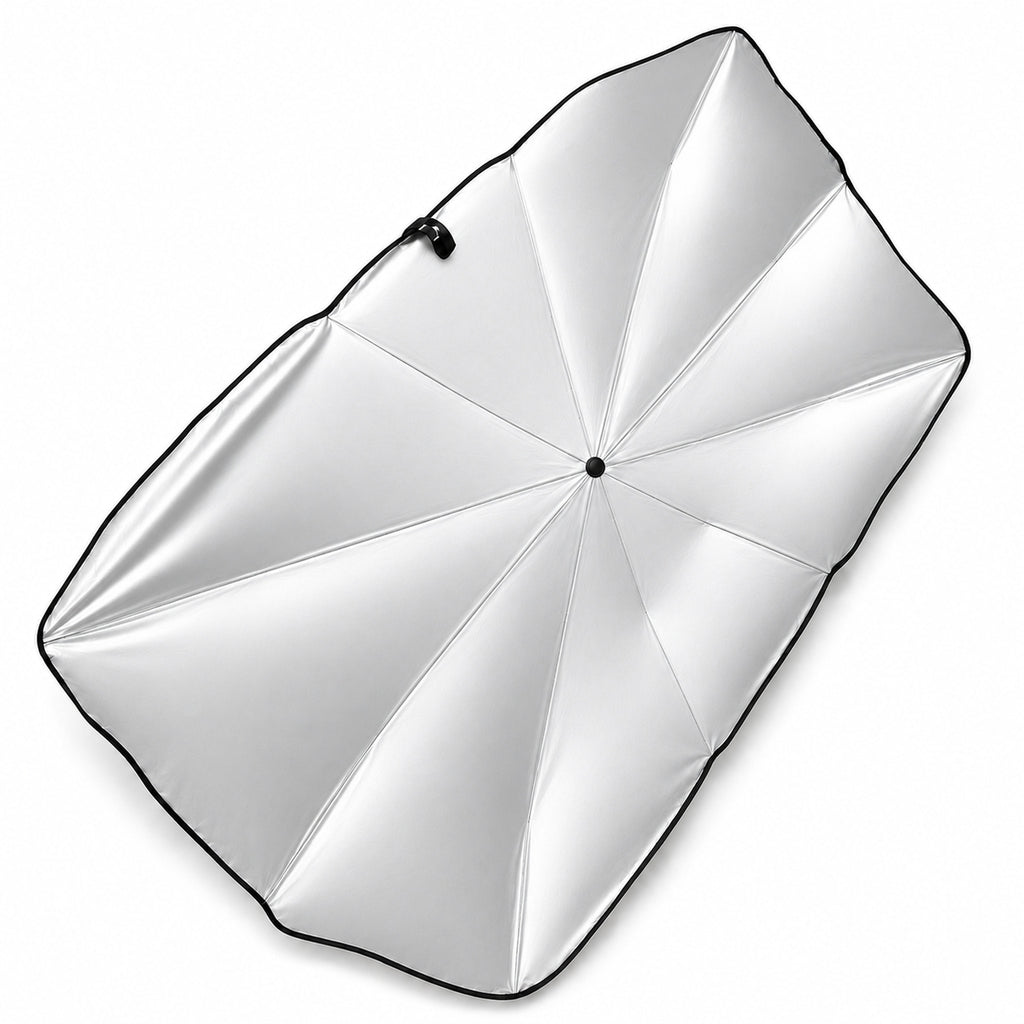 Luvenzo AutoShade open at an angle showing the reflective canopy shape and edge binding