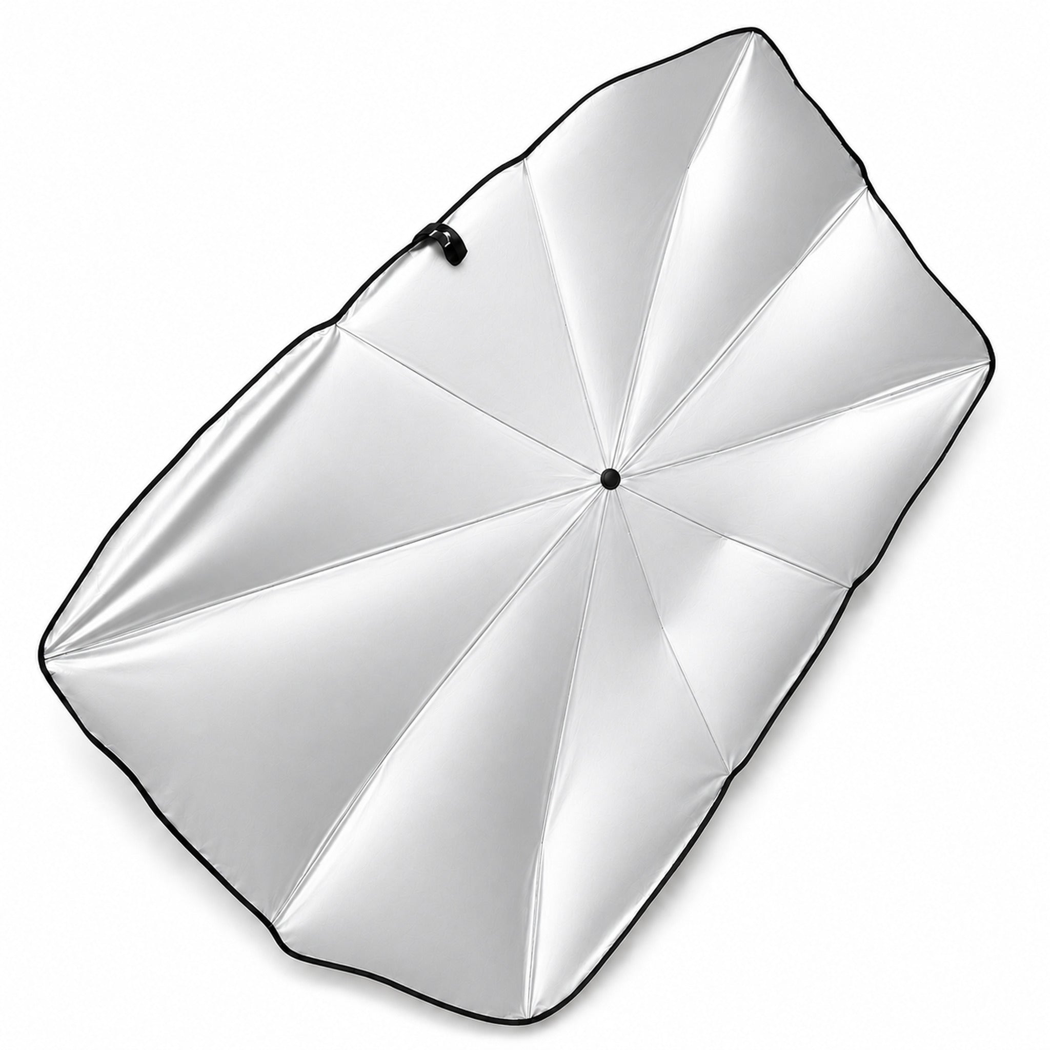 Luvenzo AutoShade open at an angle showing the reflective canopy shape and edge binding